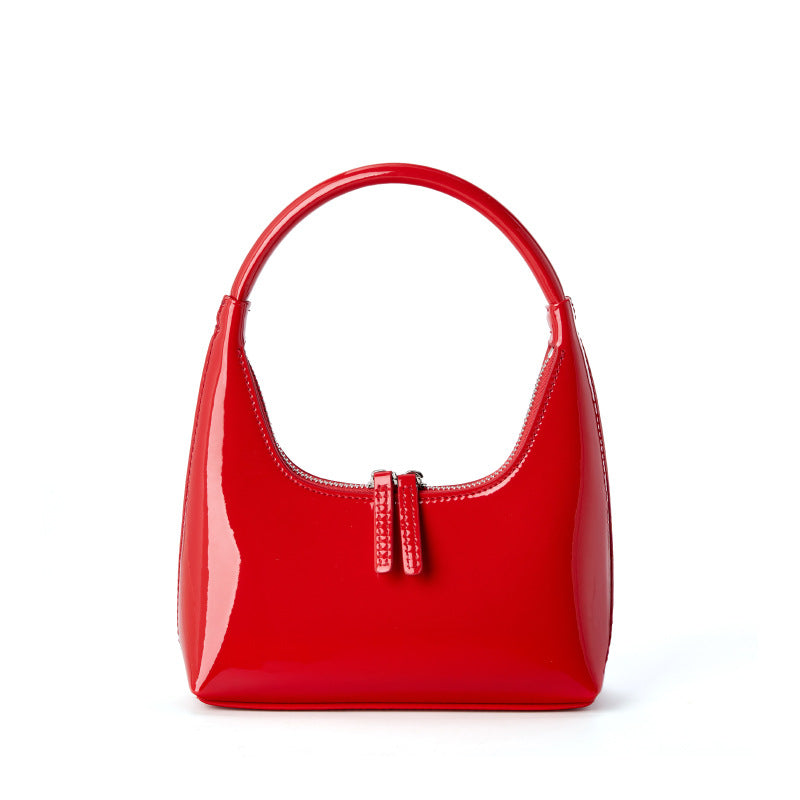 Cowhide Mini Top-Handle Hobo Bag with Double Zipper in Red