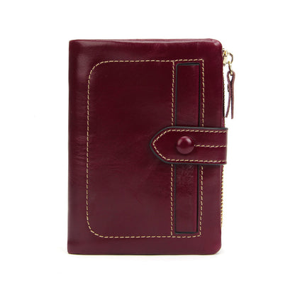 Cowhide Leather Short Wallet 12 Card Slots Zip Coin in Burgundy