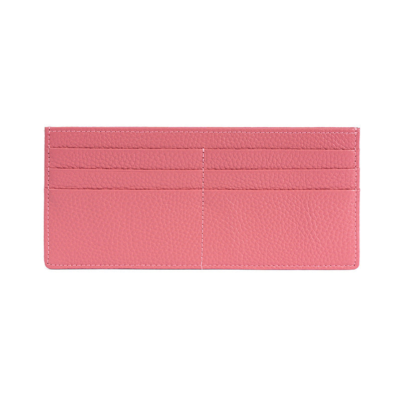 Rose red slim cowhide wallet showing card slots and stitching