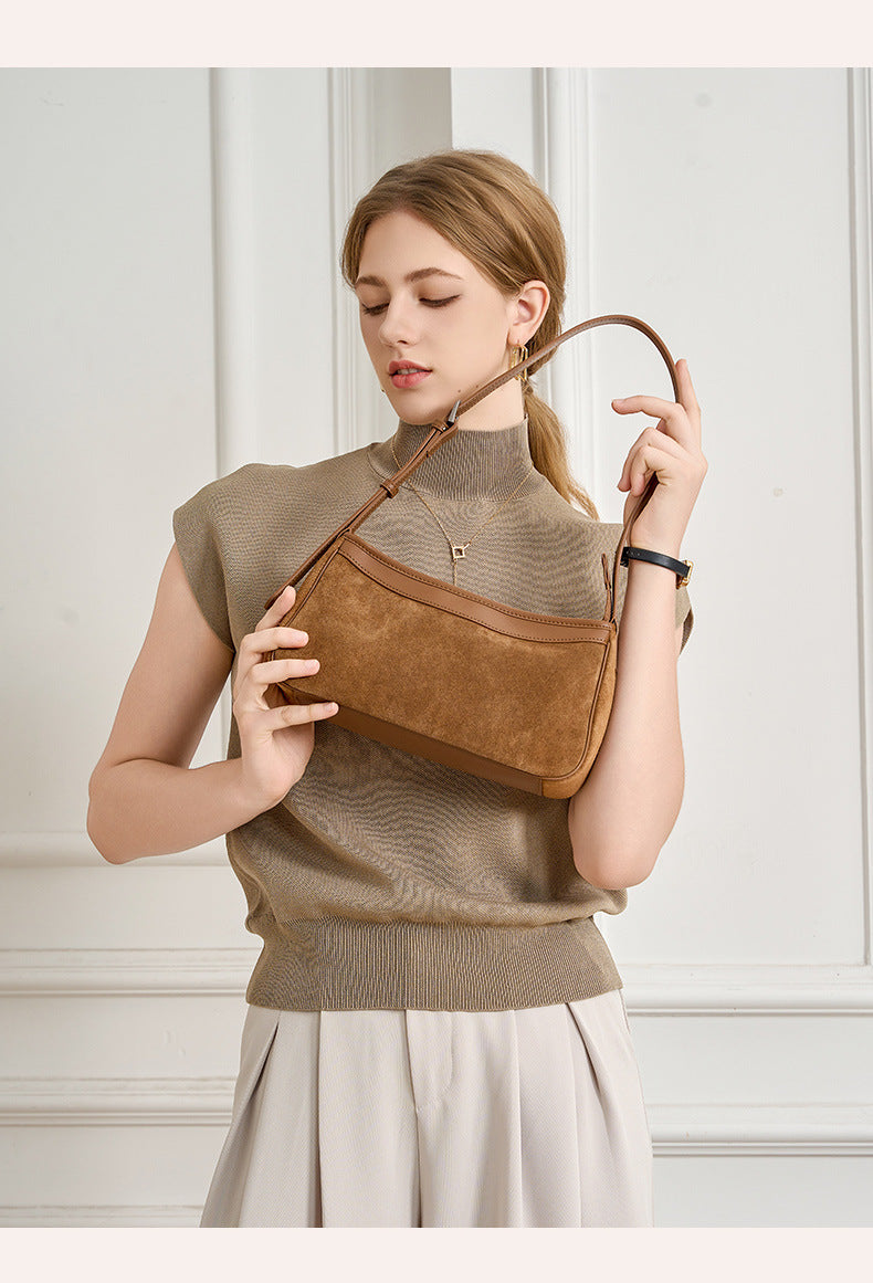 Coffee-colored small shoulder bag with suede-like texture