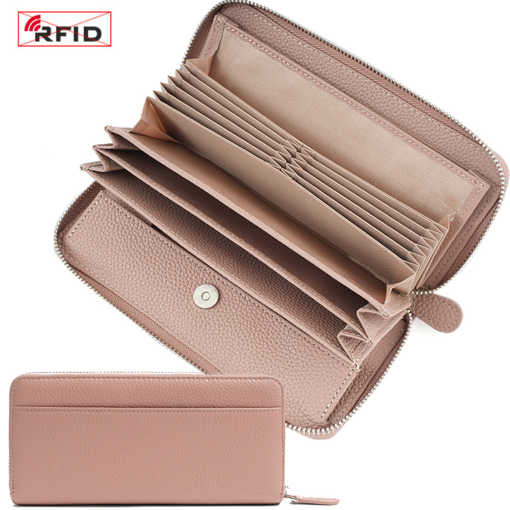 Top-Grain Cowhide Zip-Around Long Wallet with RFID Blocking in Classic - Light Pink