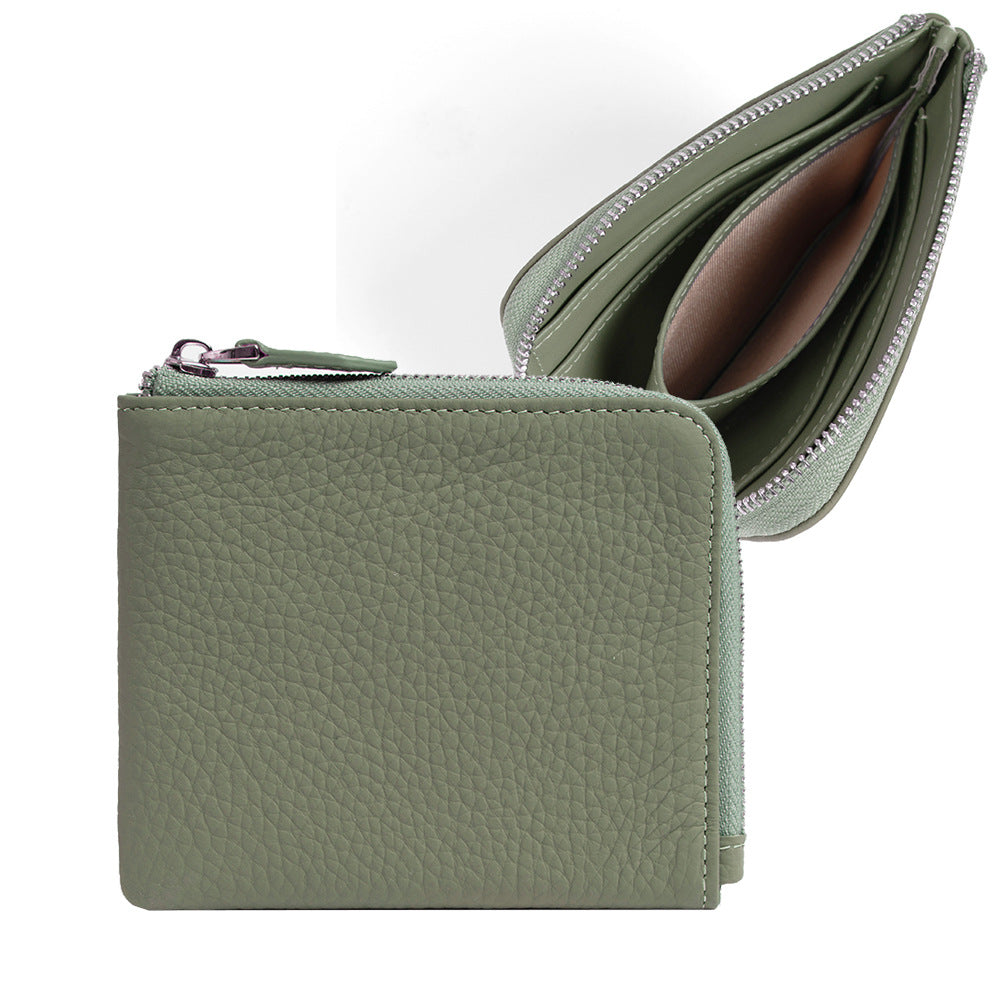 Jade green pebbled cowhide leather short wallet shown open with zip coin pocket
