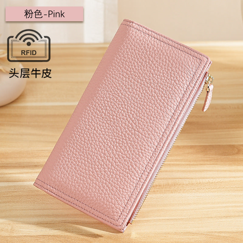 Top-Grain Cowhide Long Wallet with RFID-Blocking Lining in Light Pink