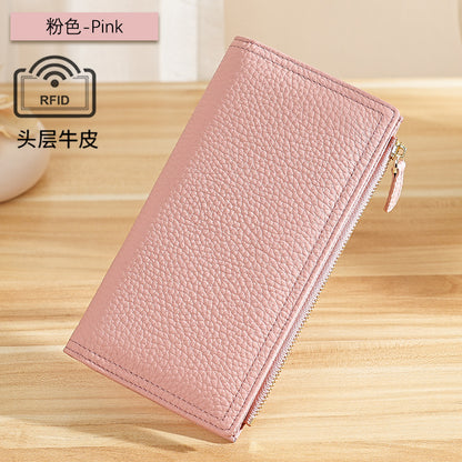 Top-Grain Cowhide Long Wallet with RFID-Blocking Lining in Light Pink