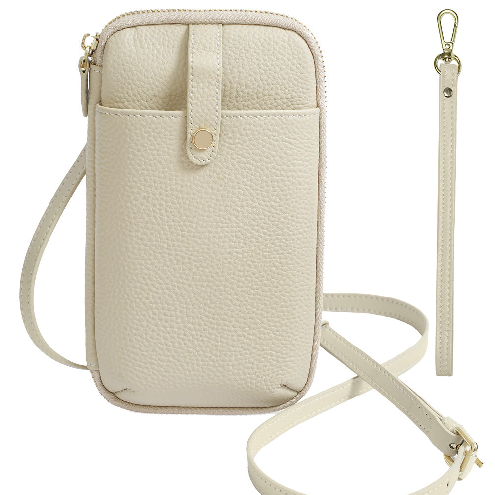 Off-white leather phone bag with cream contrast top and gold-tone hardware
