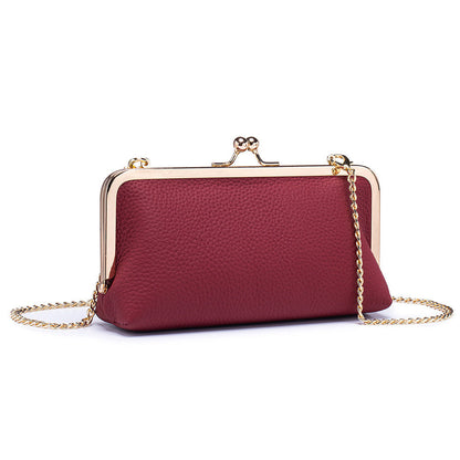 Top-Grain Cowhide Frame Crossbody Bag in Wine Red, With Chain
