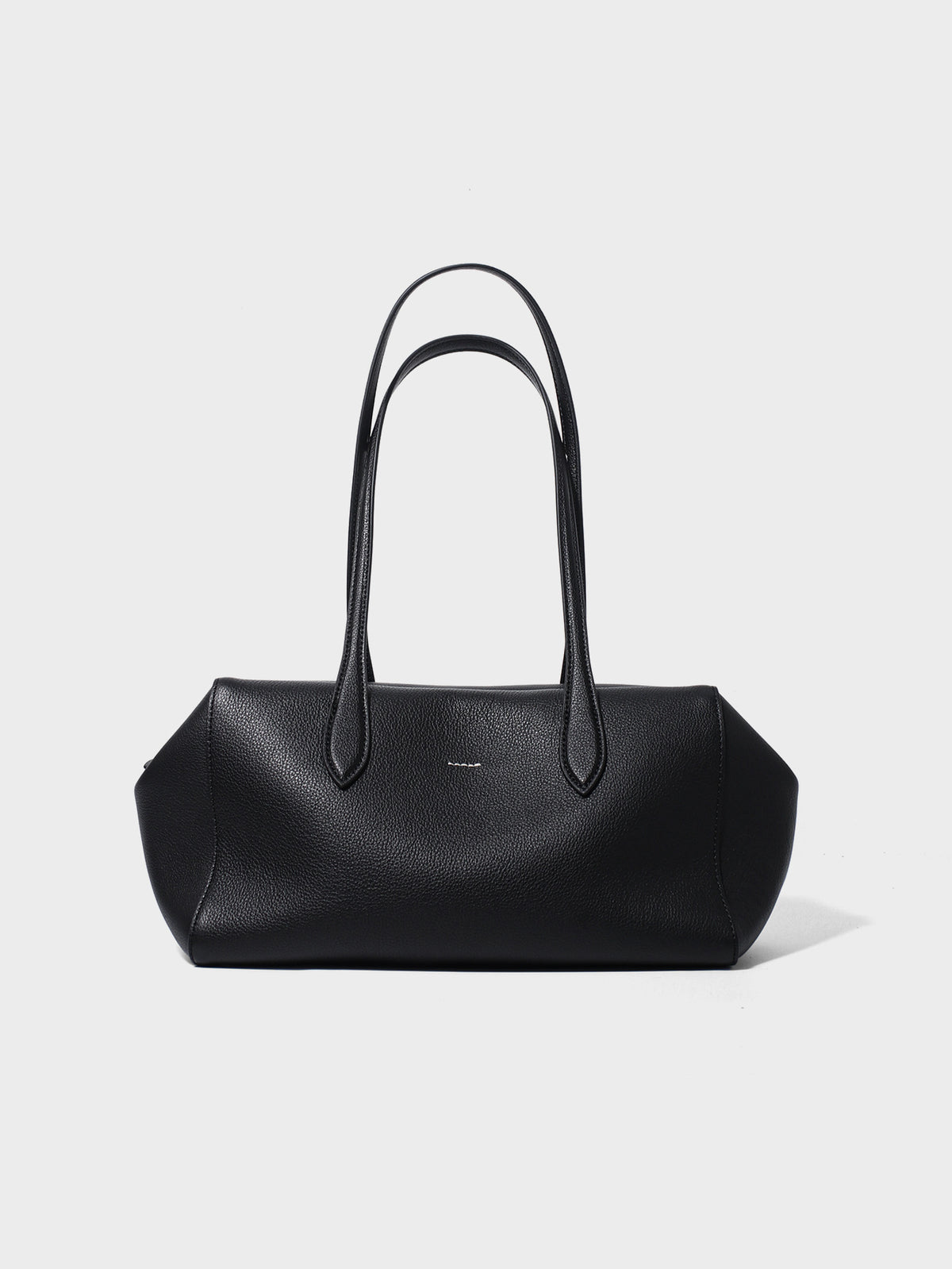 Black cowhide shoulder tote, front view with long straps