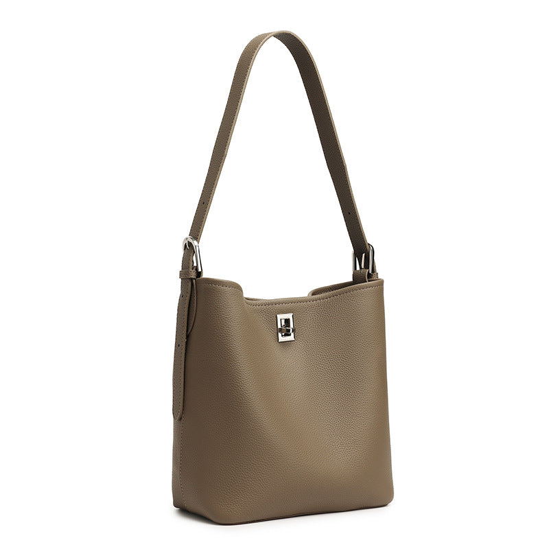 Top-Grain Cowhide Leather Bucket Bag, 7.9 x 9.1 x 4.7 in in Khaki