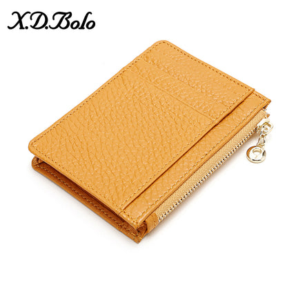 Top-Grain Cowhide Slim Card Holder with Zip Coin Pocket in Yellow