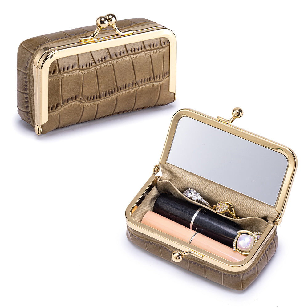 Top-Grain Cowhide Lipstick and Jewelry Pouch with Mirror in Mocha Brown