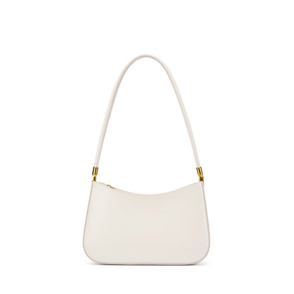 Cream cowhide leather shoulder bag shown from the front on a white background