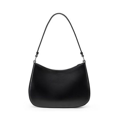 Black cowhide leather underarm shoulder bag with visible topstitching on a plain background