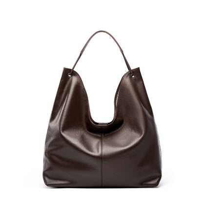 Dark brown cowhide leather hobo tote bag front view on white background