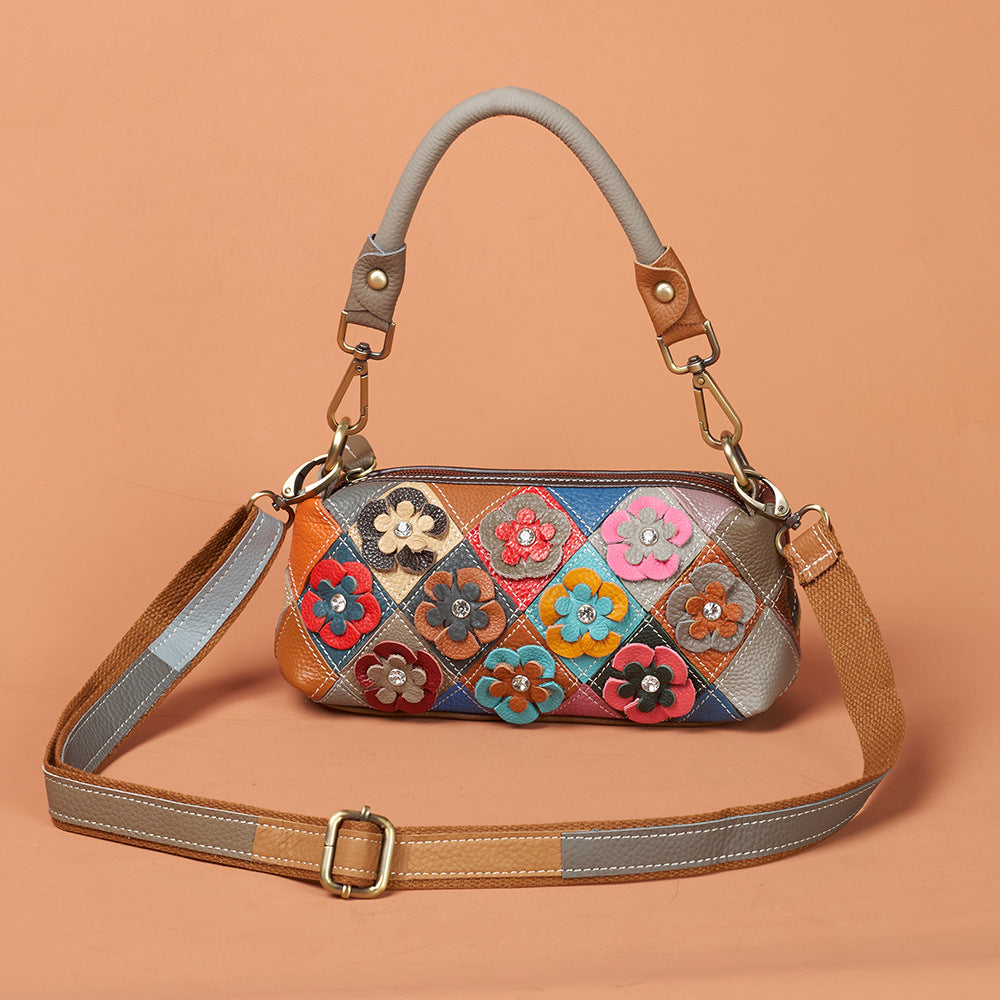 Small multicolor cowhide bag with flower patchwork, short handle and long strap