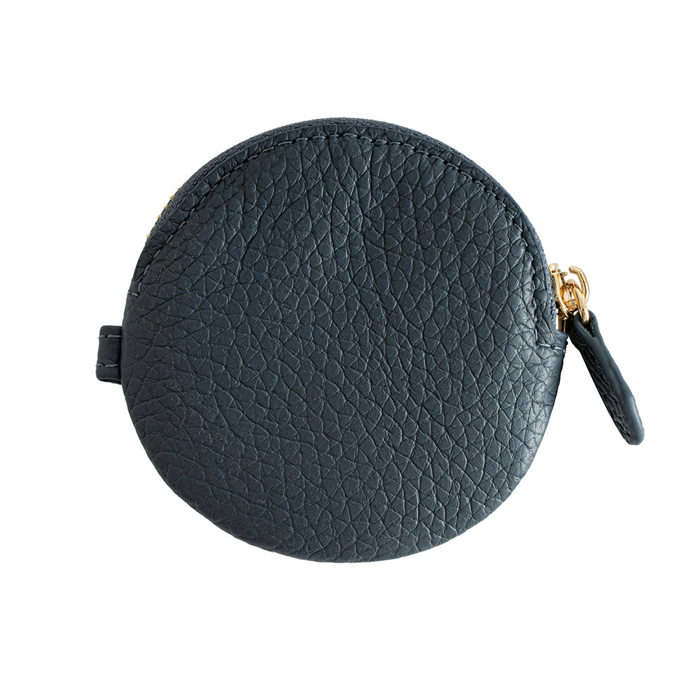 Navy blue pebbled leather round coin purse with zipper closure
