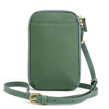 Jade green cowhide leather mini phone bag with buckle strap detail