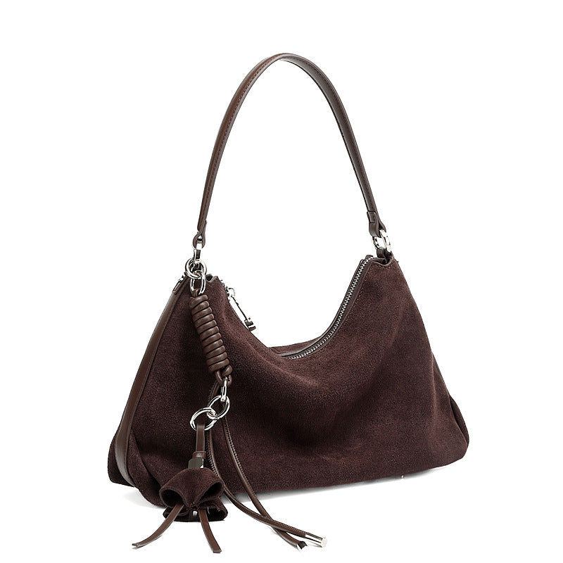 Wine purple nubuck cowhide crescent hobo bag with zip top