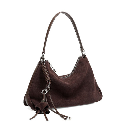 Wine purple nubuck cowhide crescent hobo bag with zip top