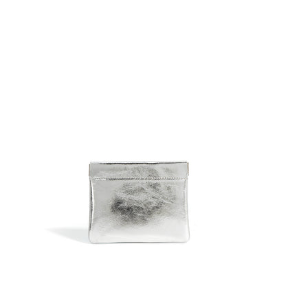 Satin Cowhide Mini Card Pouch with Spring Clasp Closure in Silver
