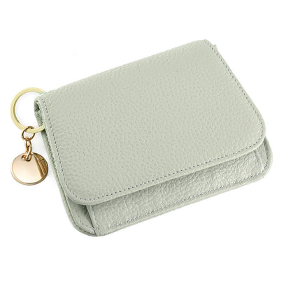 Pale gray leather mini wallet with gold keyring charm