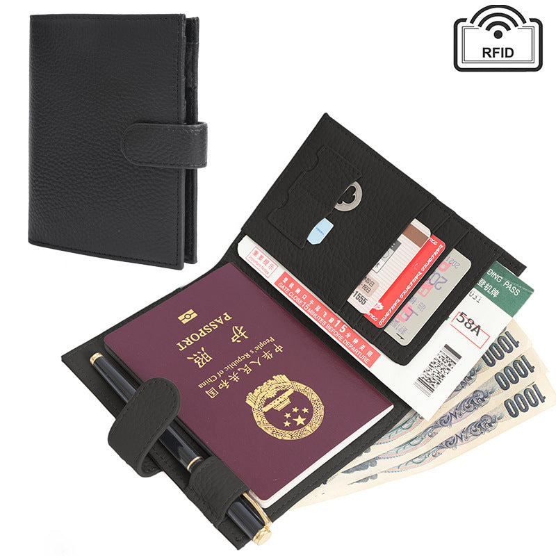 Black RFID-blocking passport wallet displayed at a side angle showing the slim profile