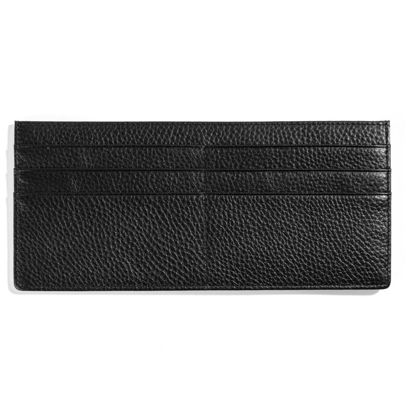 Black slim cowhide leather long wallet with six card slots on white background