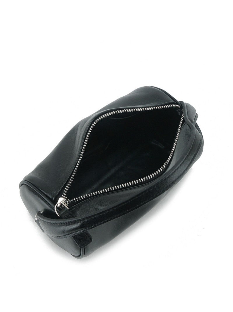 Open black shoulder bag showing the zip-top opening and interior