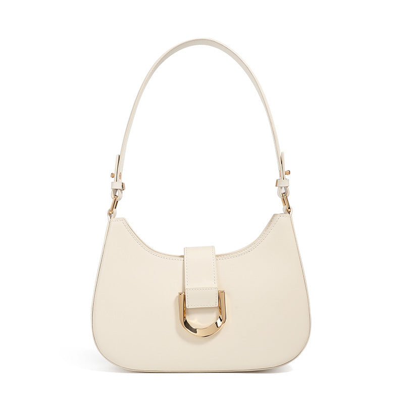 Cream white cowhide shoulder bag front view on white background