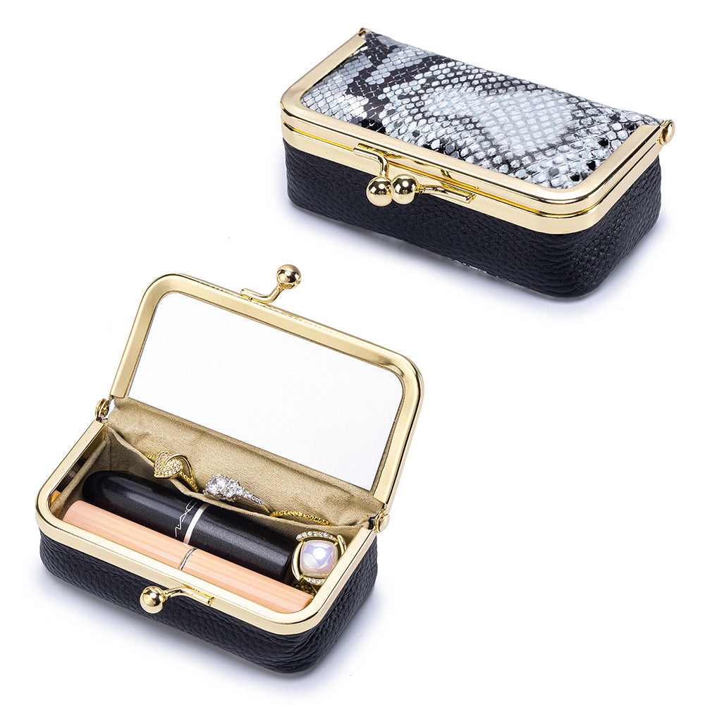 Top-Grain Cowhide Lipstick and Jewelry Pouch with Mirror in Gray and Silver