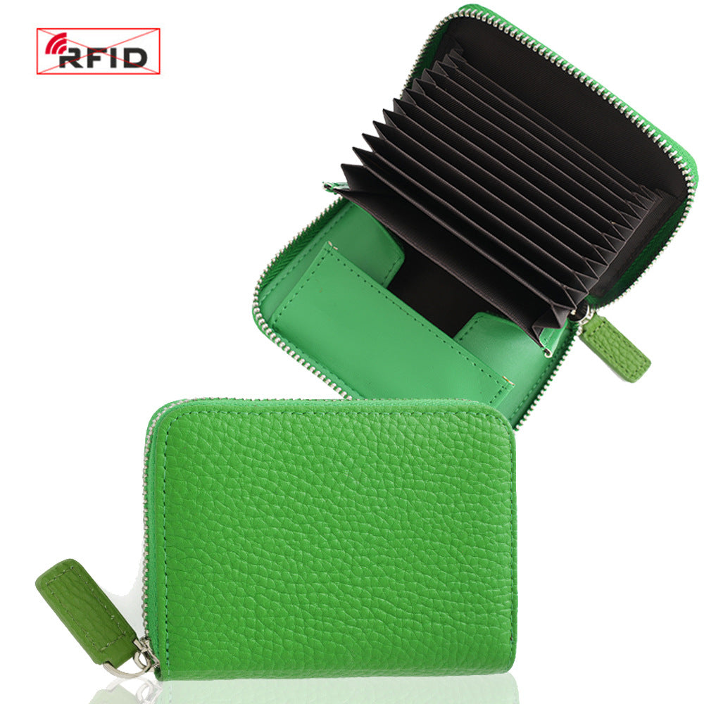 Top-Grain Cowhide Zip Wallet with RFID-Blocking Card Slots in Emerald Green