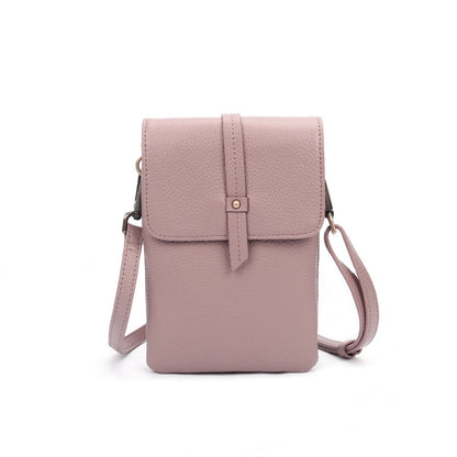 Pink cowhide leather crossbody phone bag with magnetic snap flap