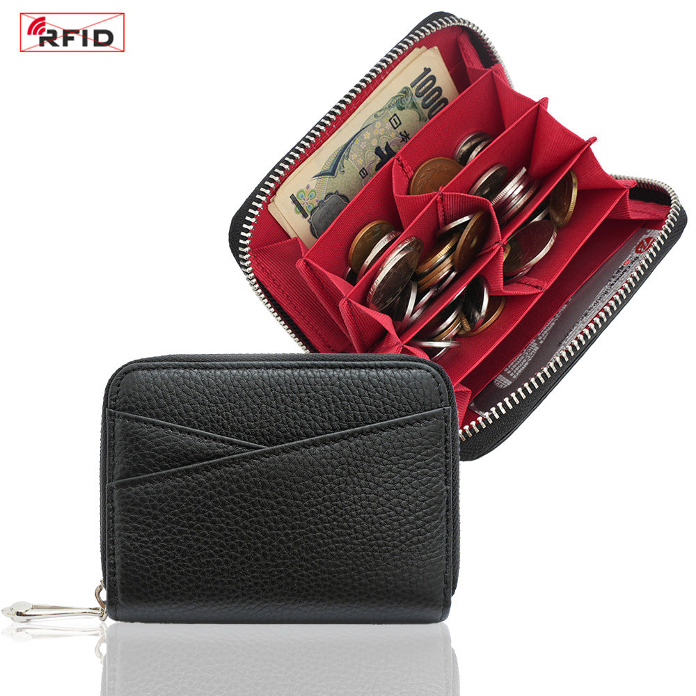 Genuine Leather Coin Purse with RFID Blocking Card Slots in Black/Red