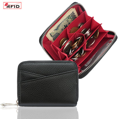 Genuine Leather Coin Purse with RFID Blocking Card Slots in Black/Red