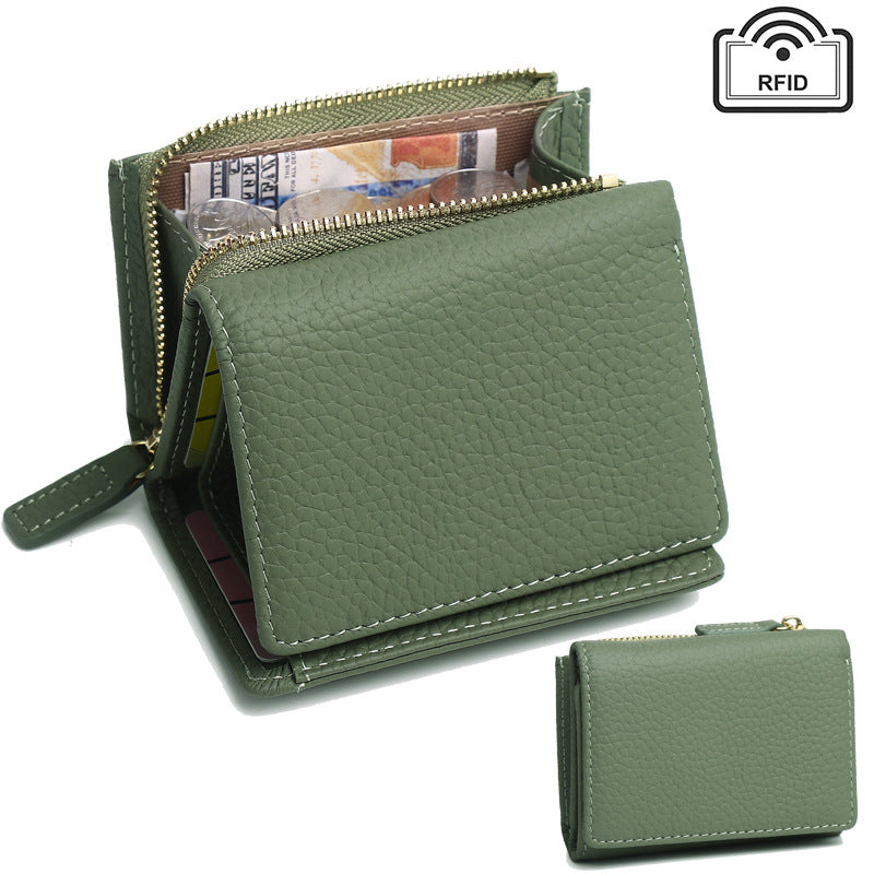 Genuine Leather RFID Small Wallet with Coin Pocket in Army Green