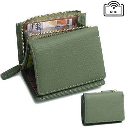 Genuine Leather RFID Small Wallet with Coin Pocket in Army Green