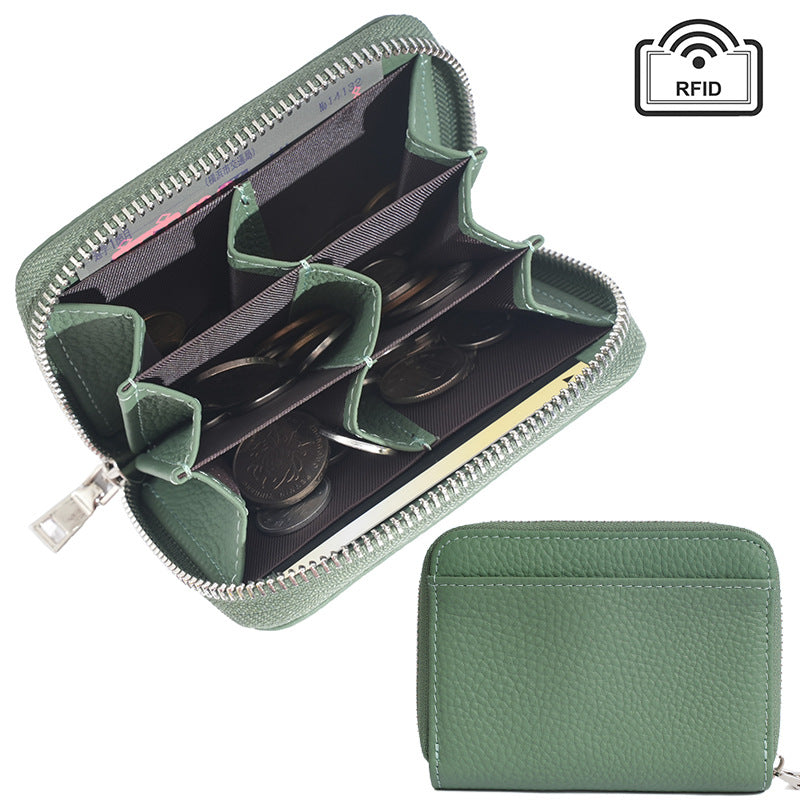 Jade green leather wallet showing RFID-blocking interior lining