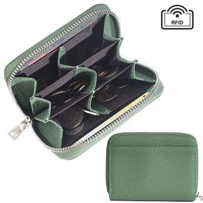 Jade green leather wallet showing RFID-blocking interior lining