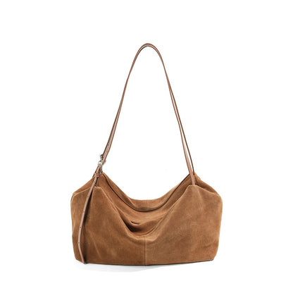 Suede Cowhide Shoulder Tote Bag – Color Options in Caramel