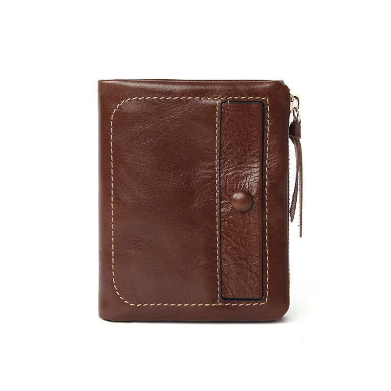 Top-Grain Cowhide Vintage Vertical Short Wallet in Light Brown