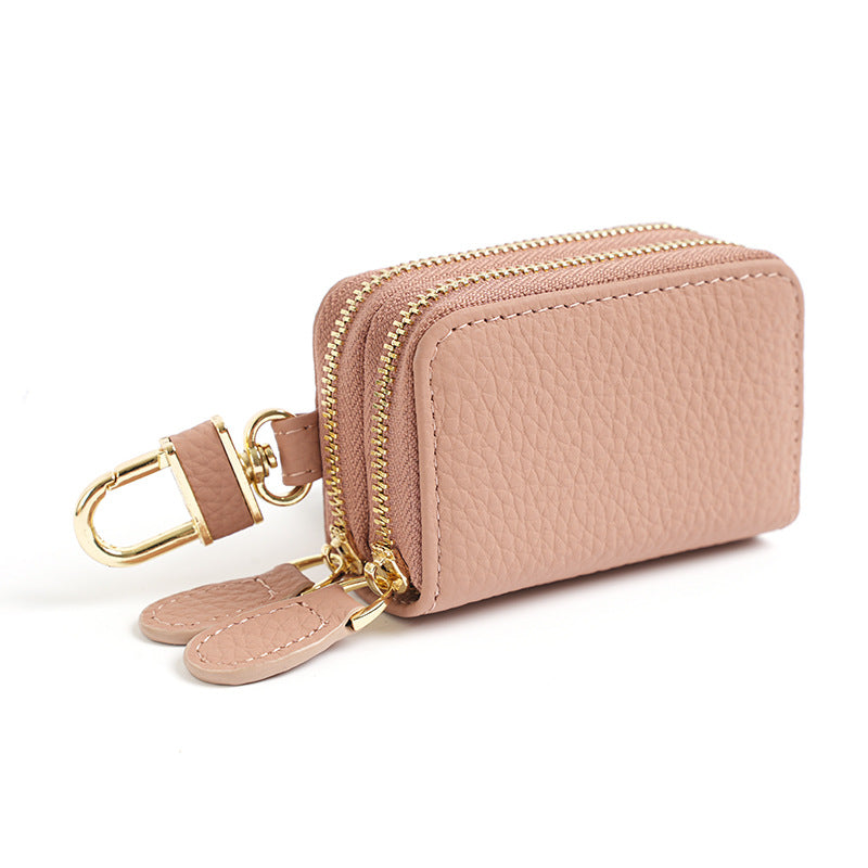 Cowhide Leather Compact Key Case with Clip in Light Pink (Double Zipper)