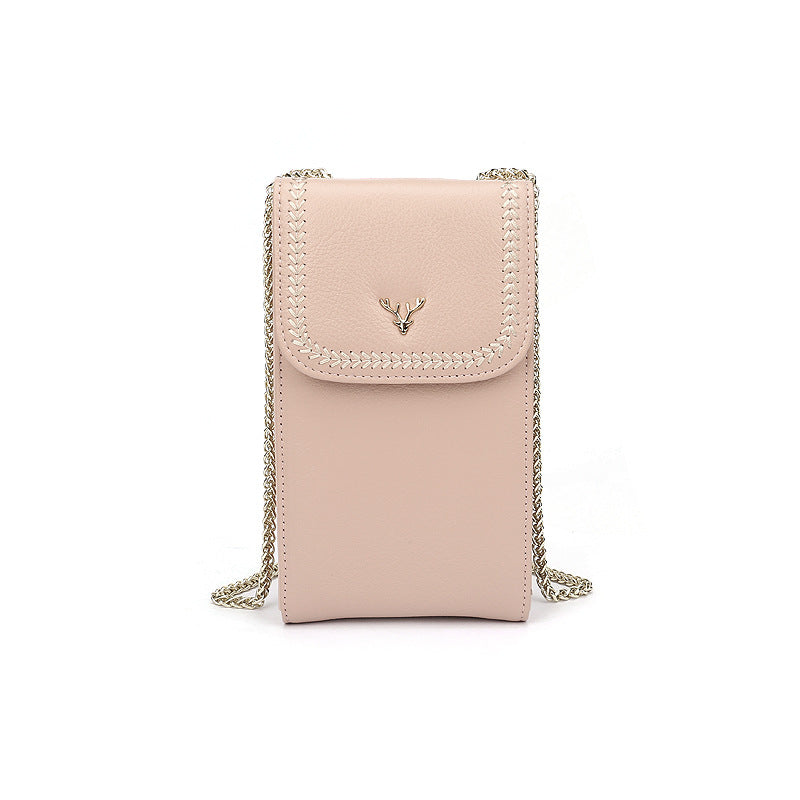 Top-Grain Cowhide Micro Crossbody Phone Bag with Chain Strap in Bean Powder Pink