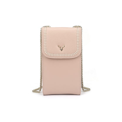 Top-Grain Cowhide Micro Crossbody Phone Bag with Chain Strap in Bean Powder Pink