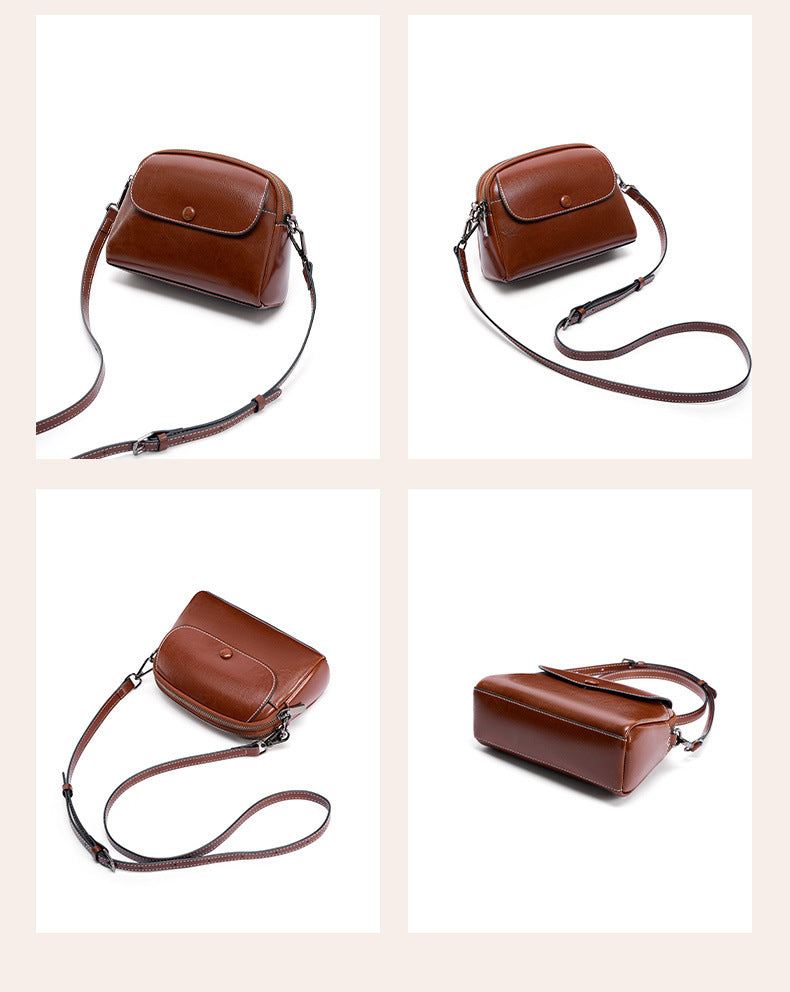 Four-angle product views of coffee leather crossbody bag