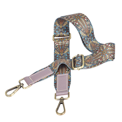 Detachable patterned shoulder strap with metal clips and adjustment hardware
