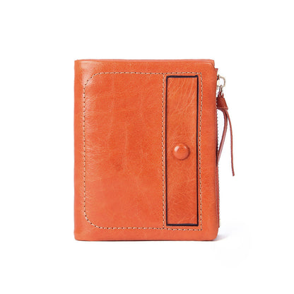 Top-Grain Cowhide Vintage Vertical Short Wallet in Orange