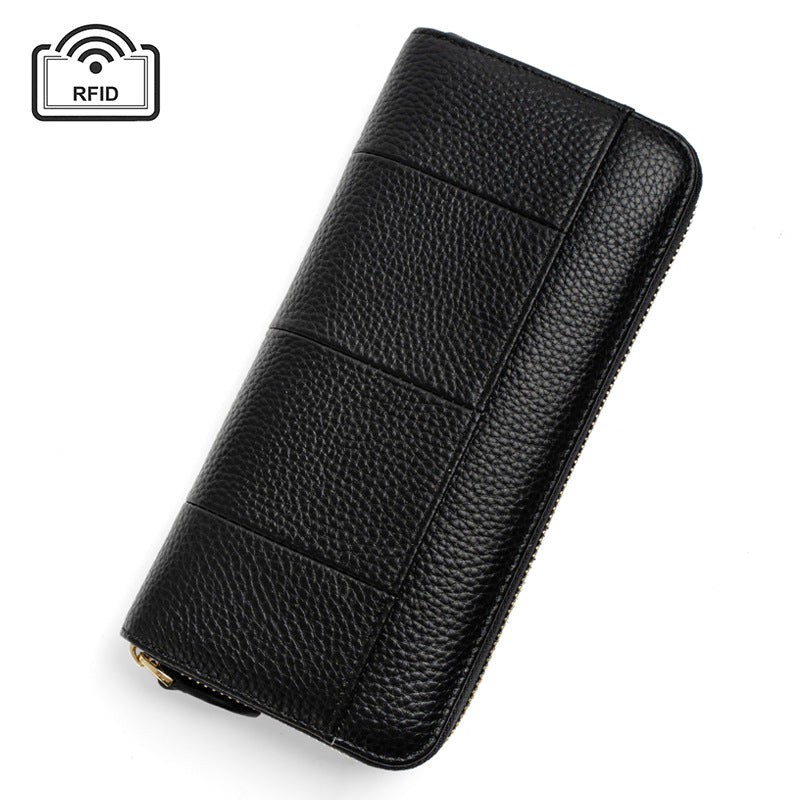 Top-Grain Cowhide Zip-Around Long Wallet with RFID Blocking in Color Block - Gray