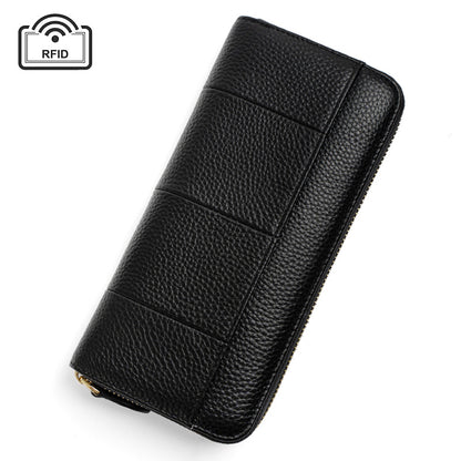 Top-Grain Cowhide Zip-Around Long Wallet with RFID Blocking in Color Block - Gray