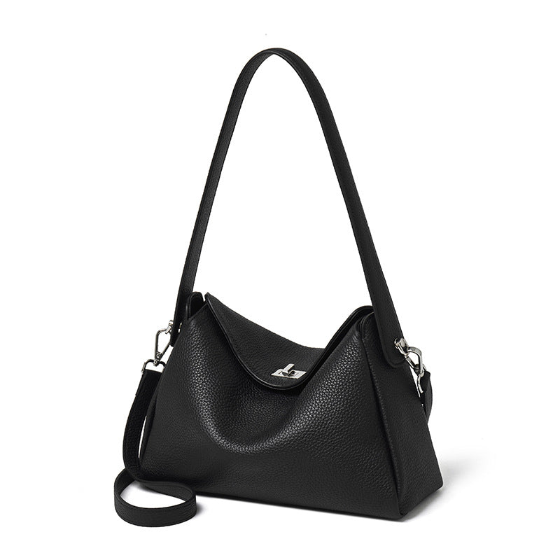 Pebbled Cowhide Leather Underarm Crossbody Bag in Black
