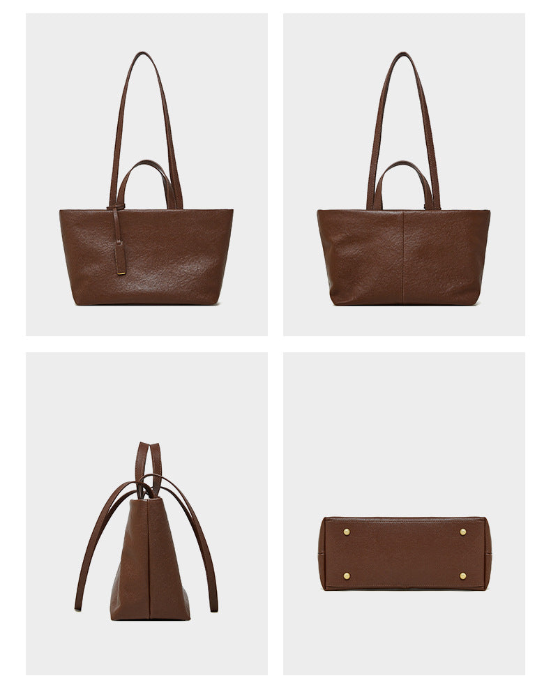 Four angle views of brown cowhide leather tote showing front, back, side and base