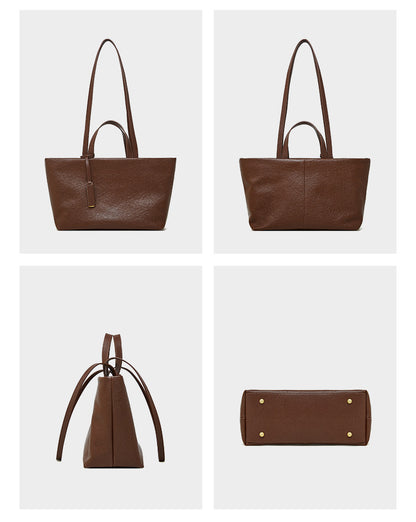 Four angle views of brown cowhide leather tote showing front, back, side and base